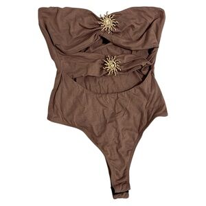 Brown Cutout Bodysuit with Gold Sun Accents